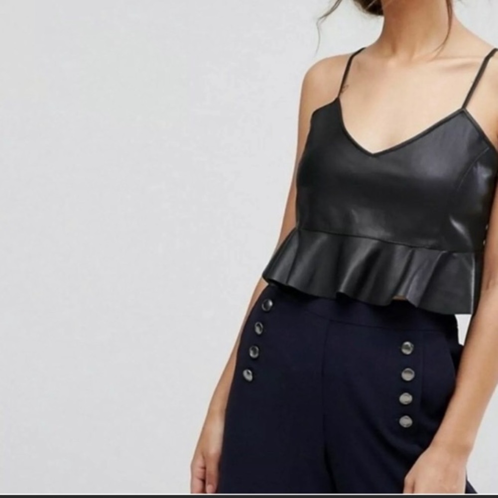 ZARA Vegan Leather Cropped Peplum Tank Black Medium BLOGGER FAVORITE